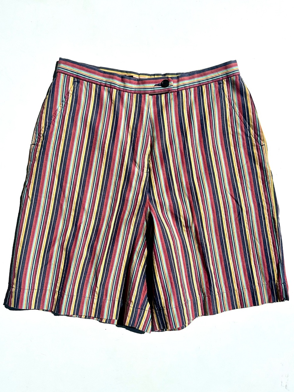 Faconnable Women's Stripe High Waist Flat Front Shorts - Red Blue Yellow Cream 6